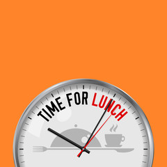 Time for Lunch. White Vector Clock with Motivational Slogan. Analog Metal Watch with Glass. Meal Tray Icon