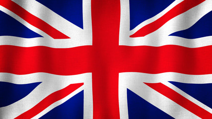 United Kingdom of Great Britain, Union Jack flag waving in the wind. Closeup of realistic British flag with highly detailed fabric texture