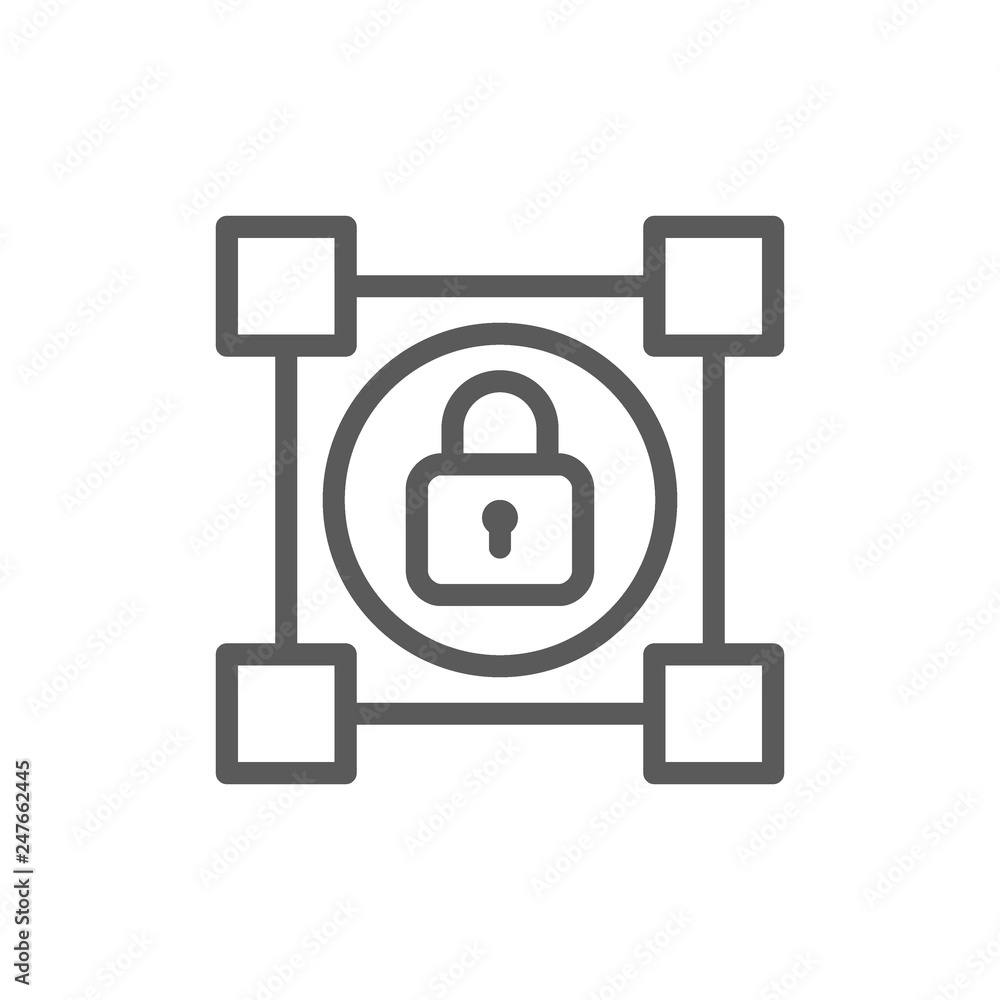 Poster crypto blockchain with lock, cryptocurrency line icon.