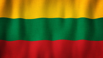 Lithuania flag waving in the wind. Closeup of realistic Lithuanian flag with highly detailed fabric texture