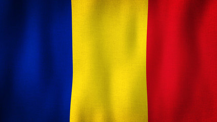 Romania flag waving in the wind. Closeup of realistic Romanian flag with highly detailed fabric texture