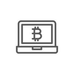 Laptop display with bitcoin sign, blockchain line icon.