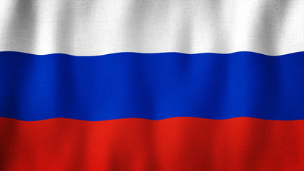 Russia flag waving in the wind. Closeup of realistic Russian flag with highly detailed fabric texture