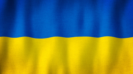 Ukraine flag waving in the wind. Closeup of realistic Ukrainian flag with highly detailed fabric texture