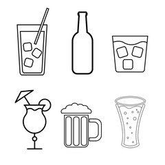 A set of simple black and white icons of alcoholic beverages for a bar, cafe: cocktails, glasses, beer, bottles, whiskey on a white background. Vector illustration
