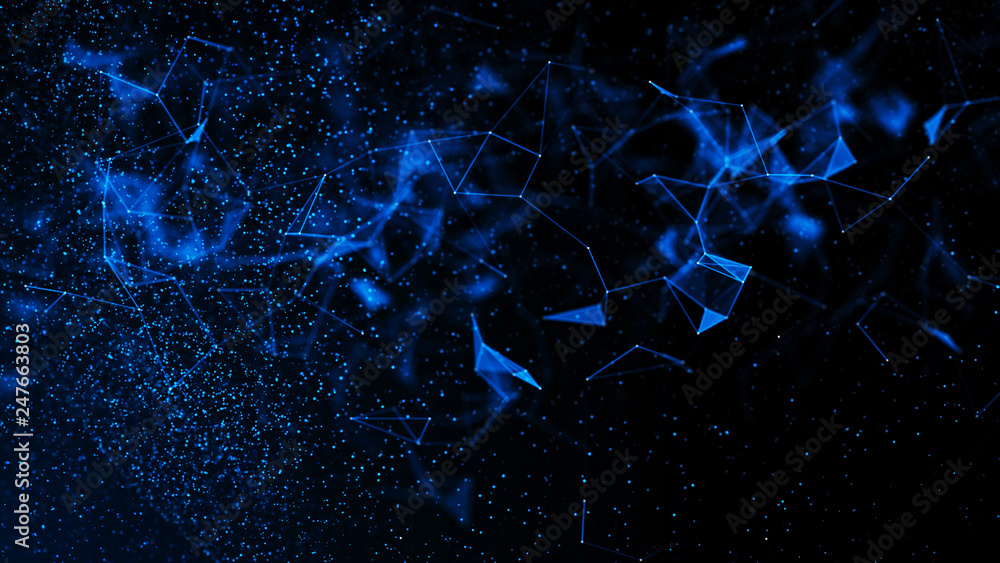 Poster virtual form of connecting particles in the blue space. big data visualization. science. futuristic 
