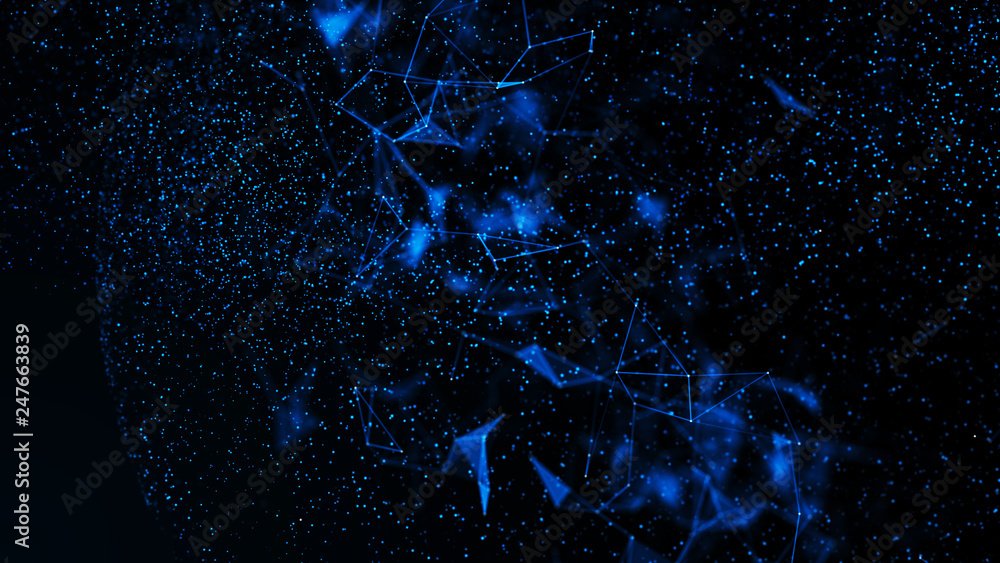 Poster virtual form of connecting particles in the blue space. big data visualization. science. futuristic 