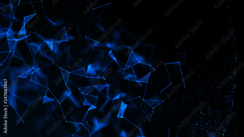 Poster virtual form of connecting particles in the blue space. big data visualization. science. futuristic 