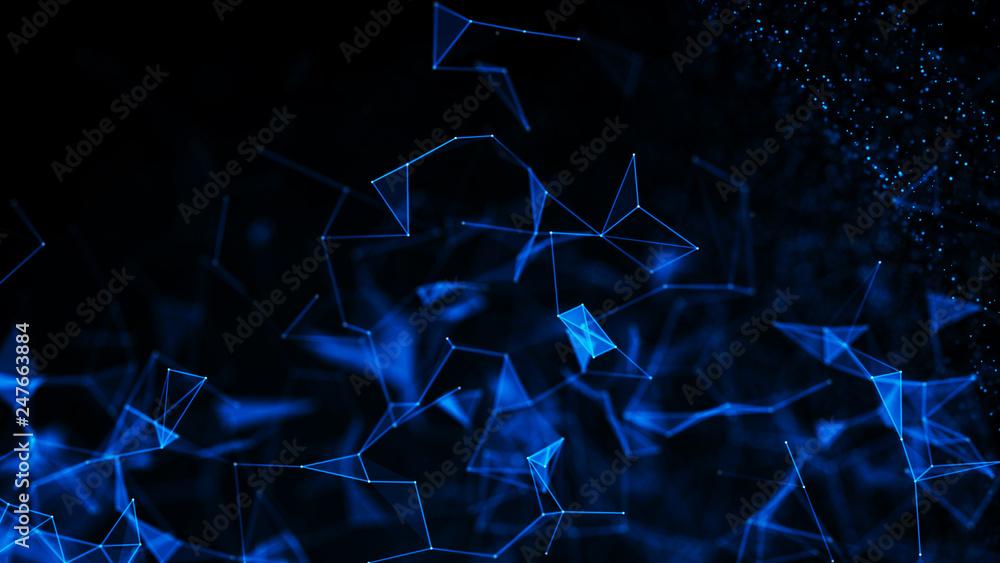Poster virtual form of connecting particles in the blue space. big data visualization. science. futuristic 