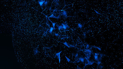 Virtual form of connecting particles in the blue space. Big data visualization. Science. Futuristic polygonal background. Business. 3D rendering.