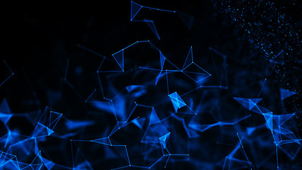 Virtual form of connecting particles in the blue space. Big data visualization. Science. Futuristic polygonal background. Business. 3D rendering.