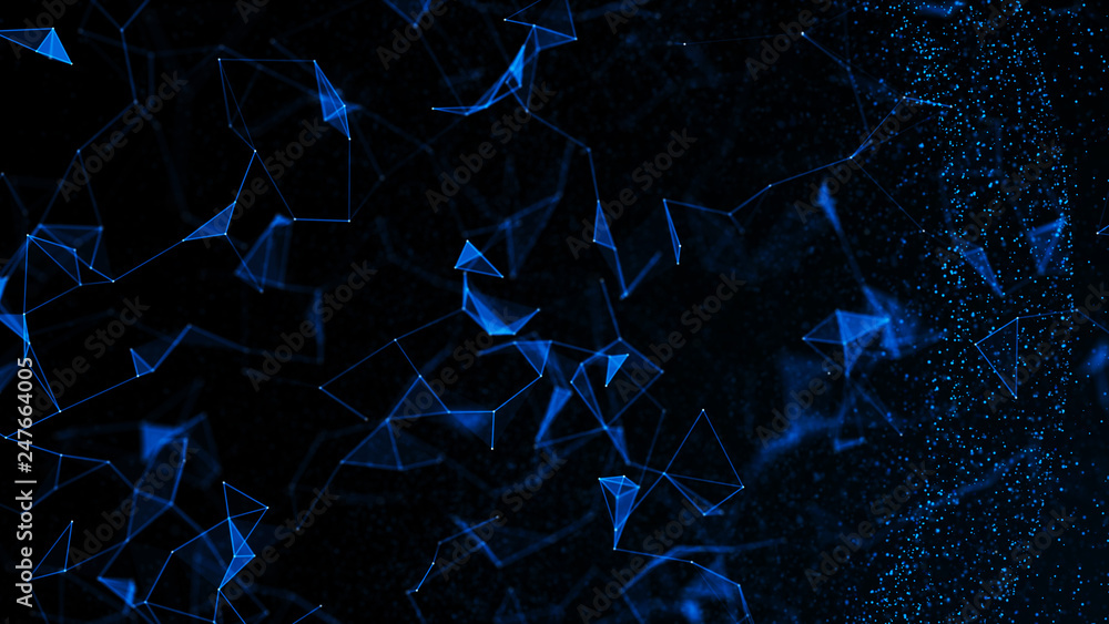 Poster virtual form of connecting particles in the blue space. big data visualization. science. futuristic 