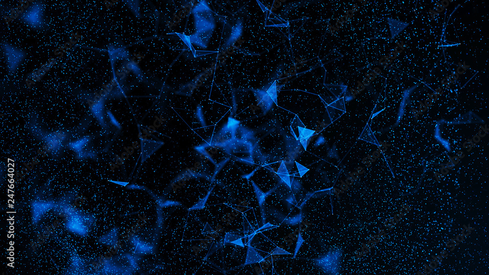 Poster virtual form of connecting particles in the blue space. big data visualization. science. futuristic 