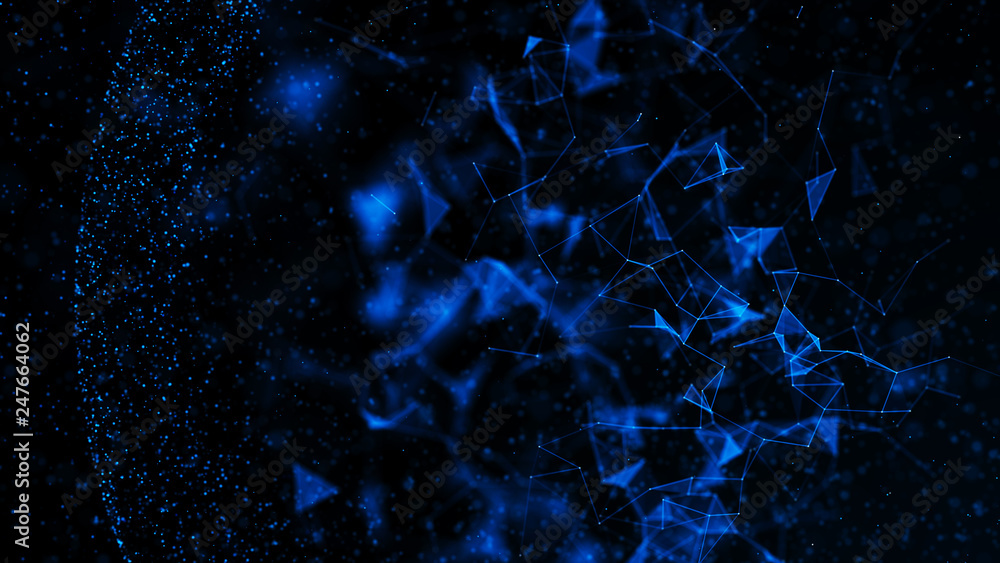 Poster virtual form of connecting particles in the blue space. big data visualization. science. futuristic 
