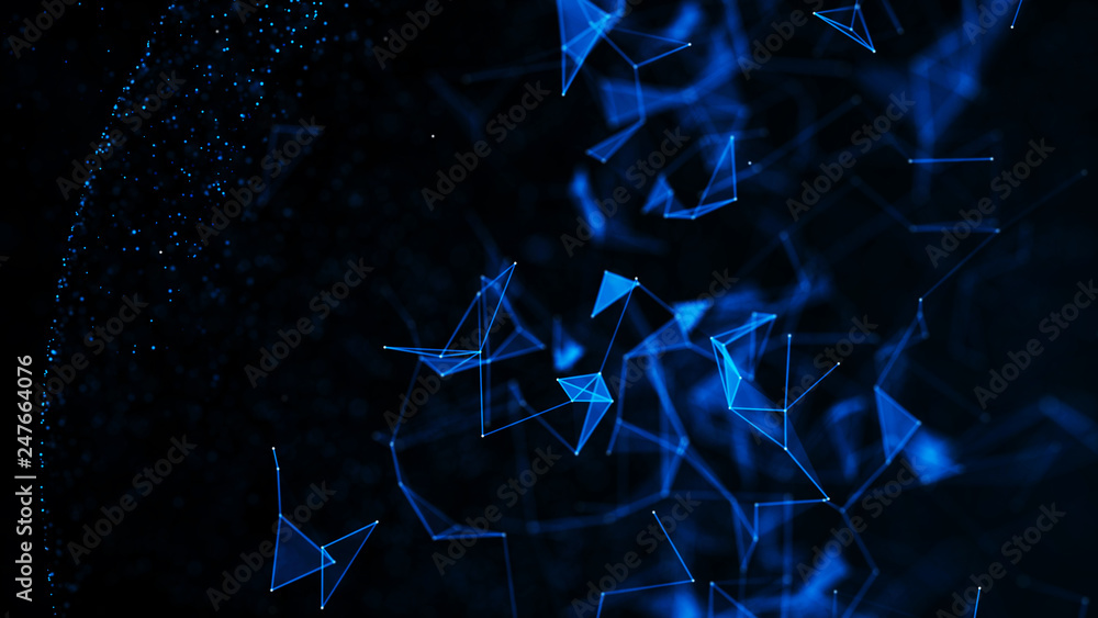 Poster virtual form of connecting particles in the blue space. big data visualization. science. futuristic 