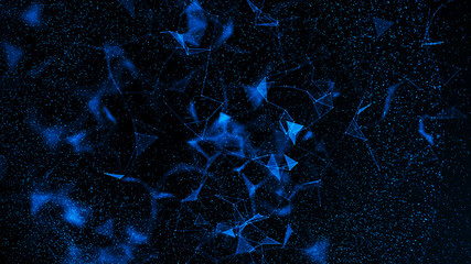 Virtual form of connecting particles in the blue space. Big data visualization. Science. Futuristic polygonal background. Business. 3D rendering.