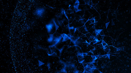 Virtual form of connecting particles in the blue space. Big data visualization. Science. Futuristic polygonal background. Business. 3D rendering.