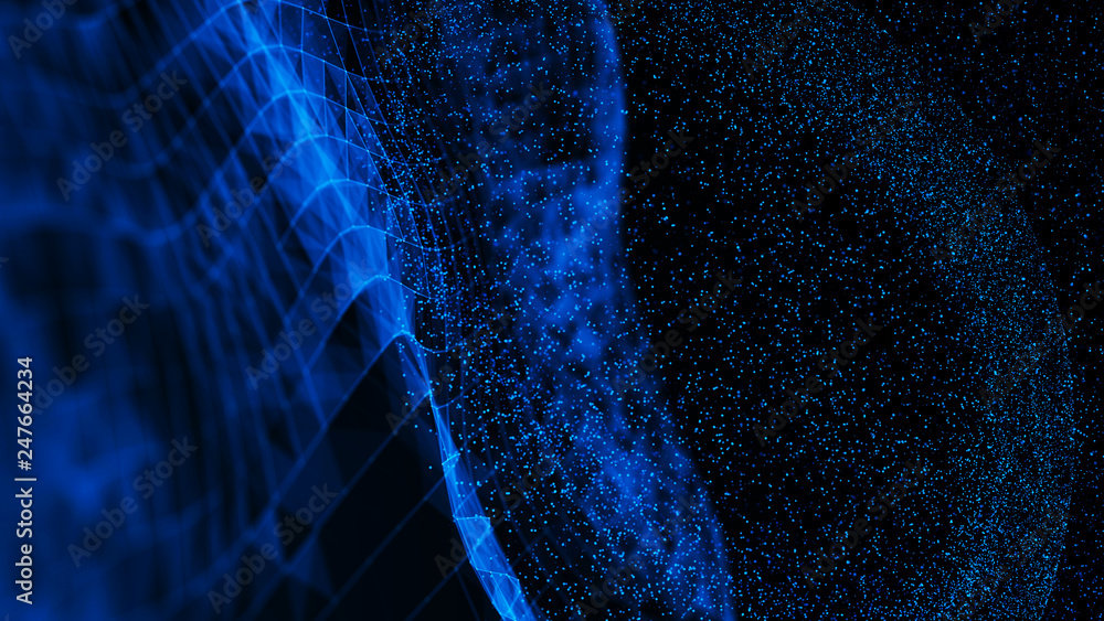 Poster virtual waveform of particles in blue space. big data visualization. science. futuristic polygonal b