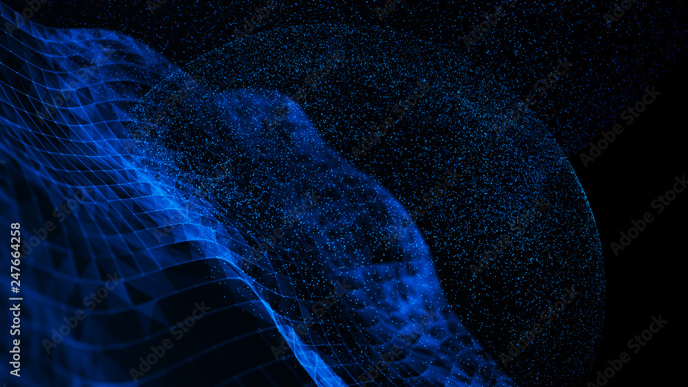 Poster virtual waveform of particles in blue space. big data visualization. science. futuristic polygonal b