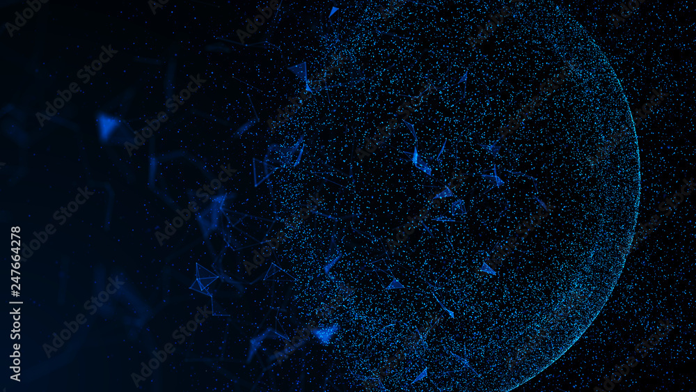 Poster virtual form of connecting particles in the blue space. big data visualization. science. futuristic 