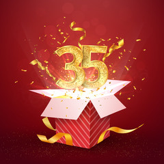 35 th years number anniversary and open gift box with explosions confetti isolated design element. Template thirty five birthday celebration on red background vector Illustration.