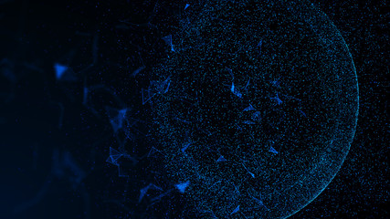 Virtual form of connecting particles in the blue space. Big data visualization. Science. Futuristic polygonal background. Business. 3D rendering.