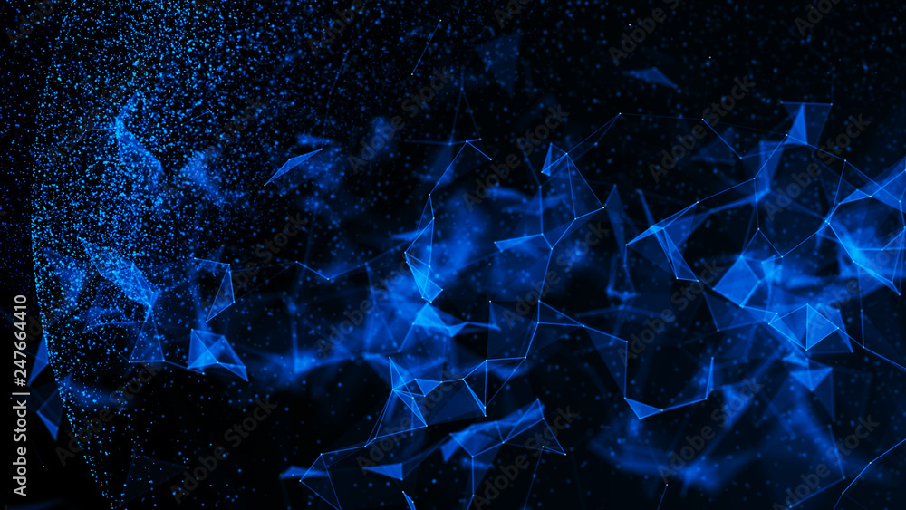 Poster virtual form of connecting particles in the blue space. big data visualization. science. futuristic 