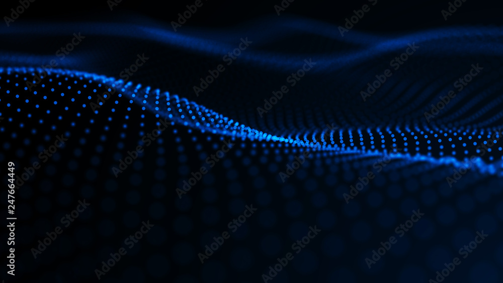 Poster virtual waveform of particles in blue space. big data visualization. science. futuristic polygonal b