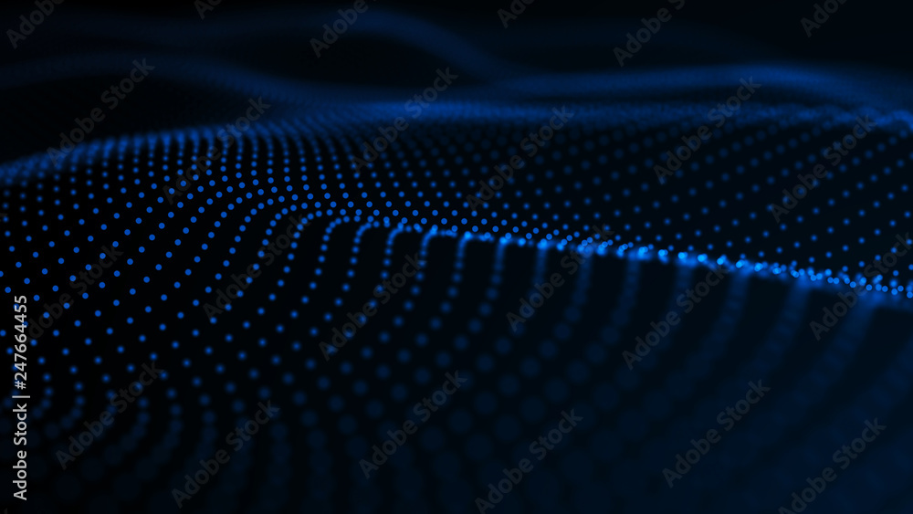 Poster virtual waveform of particles in blue space. big data visualization. science. futuristic polygonal b