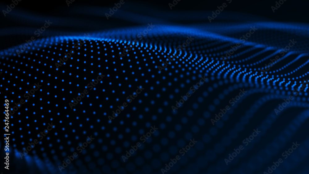 Poster virtual waveform of particles in blue space. big data visualization. science. futuristic polygonal b