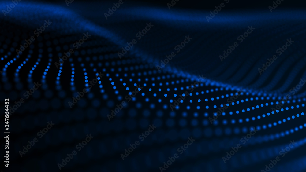 Poster virtual waveform of particles in blue space. big data visualization. science. futuristic polygonal b