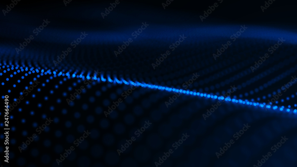Poster virtual waveform of particles in blue space. big data visualization. science. futuristic polygonal b