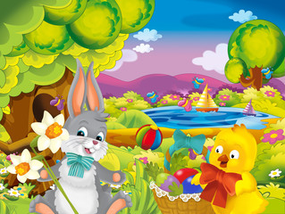 cartoon happy easter rabbit and chick with beautiful flowers on nature spring background - illustration for children