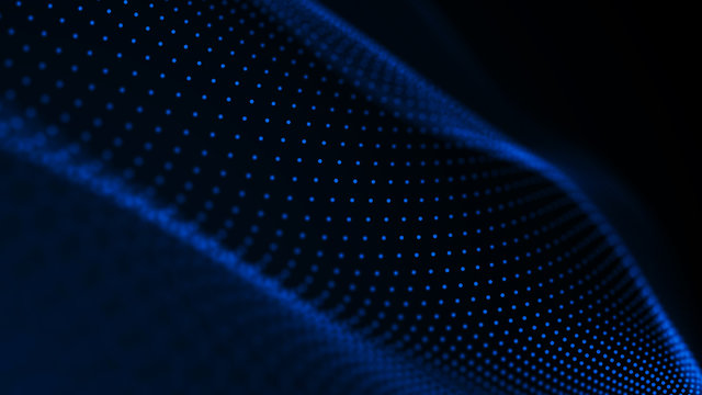 Virtual waveform of particles in blue space. Big data visualization. Science. Futuristic polygonal background. Business. 3D rendering.