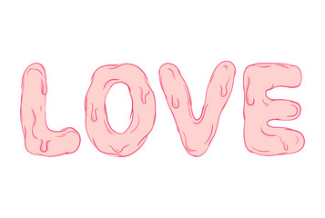 Pink love text. Caligraphy romantic design. Graphic vector melted letter sign. 