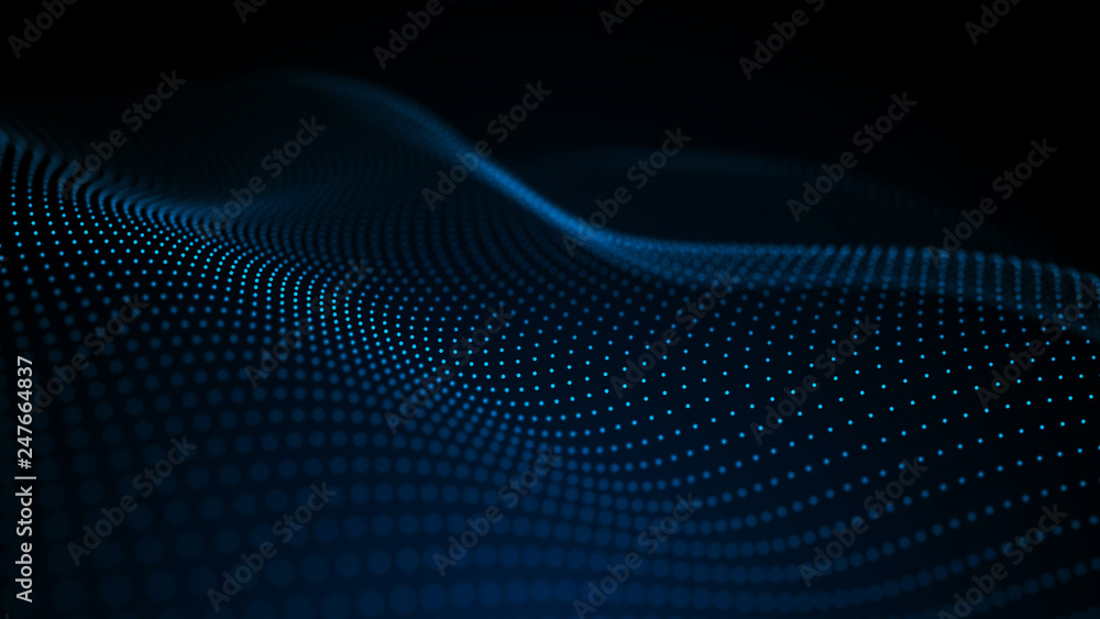 Poster image of the loose wave consisting of points. abstract futuristic background. blue design for backgr
