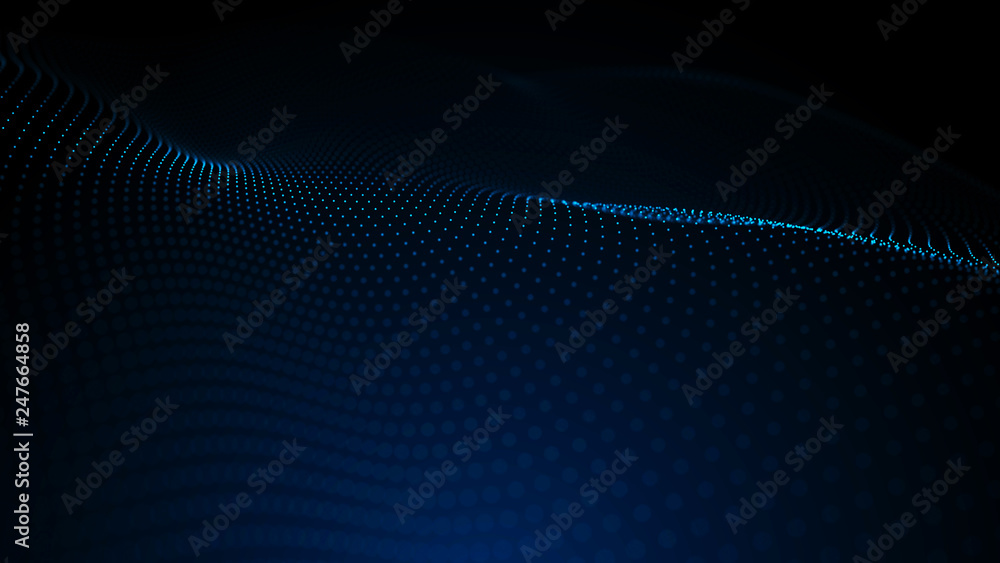 Poster image of the loose wave consisting of points. abstract futuristic background. blue design for backgr