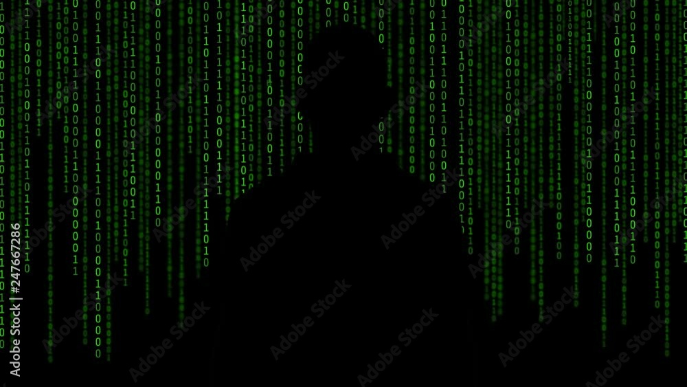 Fototapete Hacker standing in front of 01 or binary numbers on the computer screen on monitor background matrix, Digital data code in safety security technology concept. Anonymous