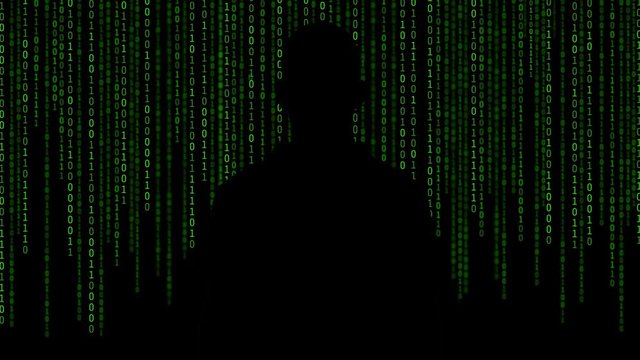 Hacker standing in front of 01 or binary numbers on the computer screen on monitor background matrix, Digital data code in safety security technology concept. Anonymous
