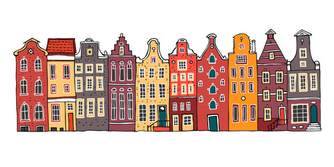 Amsterdam colorful vector sketch hand drawn illustration. Cartoon outline houses facades in a row