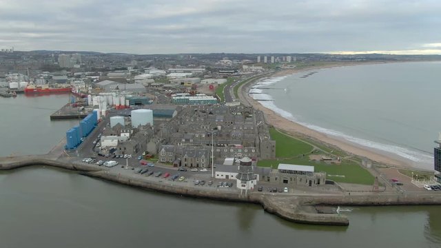 Aerial view of Footdee village and Aberdeen beach on a cloudy day, Aberdeenshire, Scotland
