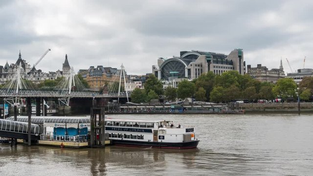 Charing Cross station, Hungerford Bridge, river Thames, Festival Pier, day time. London, UK.