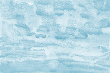Watercolor blue texture with abstract washes and brush strokes on the white paper background. Digital paper background.