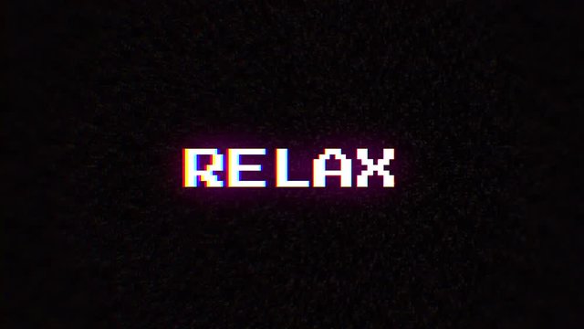 Intentional digital artifact injection fx animation, decoding a noisy scambled 8-bit text: relax.