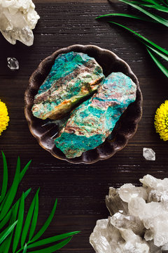 Chrysocolla with Smoky Quartz and Mums