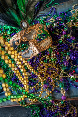 mardi gras mask and beads in green, gold, and purple © Lynne Ann Mitchell