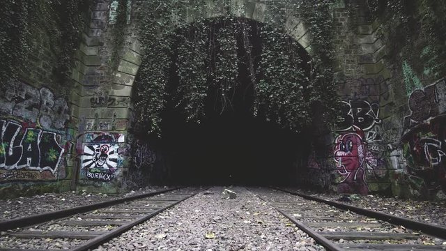 Moving forward along train tracks into a Paris train tunnel covered in graffiti and ivy vines in daytime