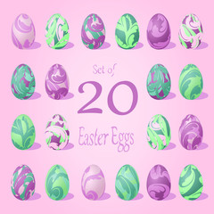 Set of 20 abstract patterned easter eggs, green and purple collection