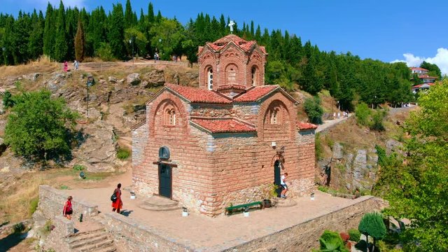 Macedonia Landmark - Historic Orthodox Church At Lake Ohrid. Aerial shot.