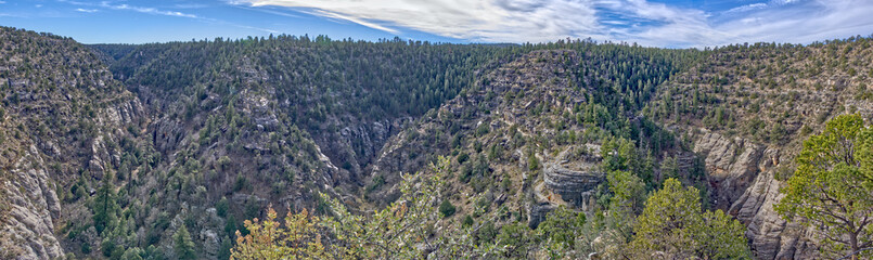 Fototapeta na wymiar Walnut Canyon Panorama. A panorama view of Walnut Canyon National Monument near Flagstaff Arizona. Composed of 9 photos stitched together.